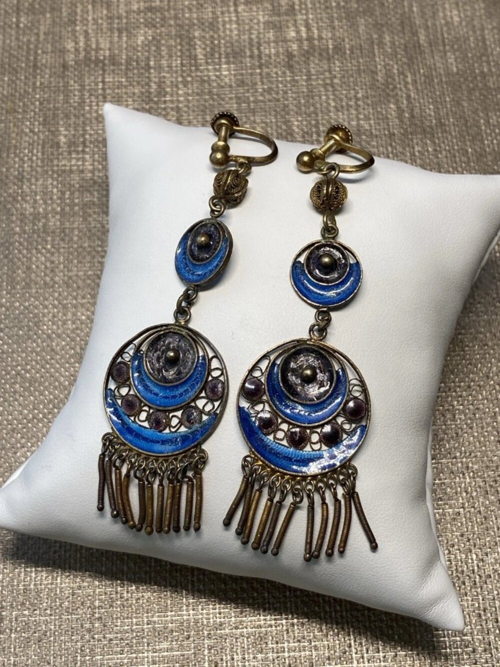 Vintage Silver Gilt Enamel Filigree Dangle Earrings Blue Fringe Screw Back